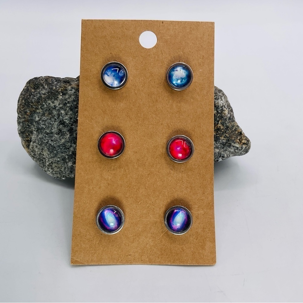 Earrings Stud 3 Pairs Handmade Space Tie Dye Galaxy Stainless Steel Multicolor
